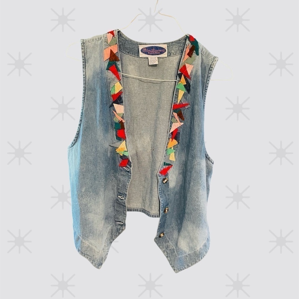 Vintage Confetti Distressed Denim Vest Medium